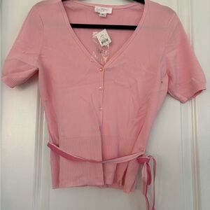 NEW LOFT Women Small Pink Knit Cardigan Sweater V-Neck Button Tie Waist
